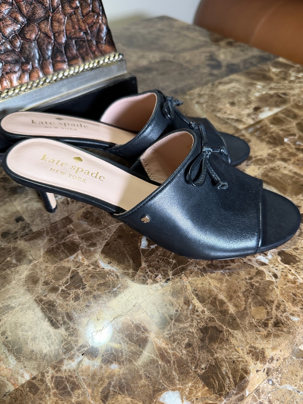 kate spade Black Leather Open-Toe Kitten Heel Mules with Pink Insole
